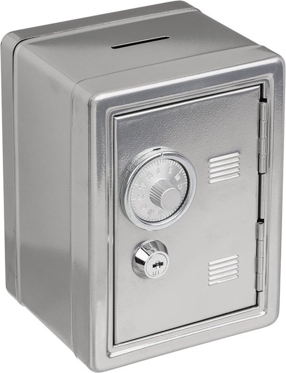 Spaarpot kluis voor veilig sparen - 1 stuk - zilver - gelakt metaal - 16 x 11,5 x 10 cm