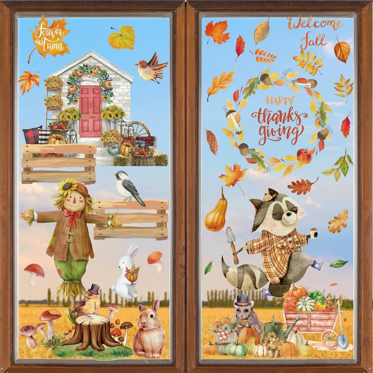 Raamstickers, herfstdecoratie, raamafbeeldingen, esdoornbladeren, vrolijk Thanksgiving, feest, seizoensgebonden (A)