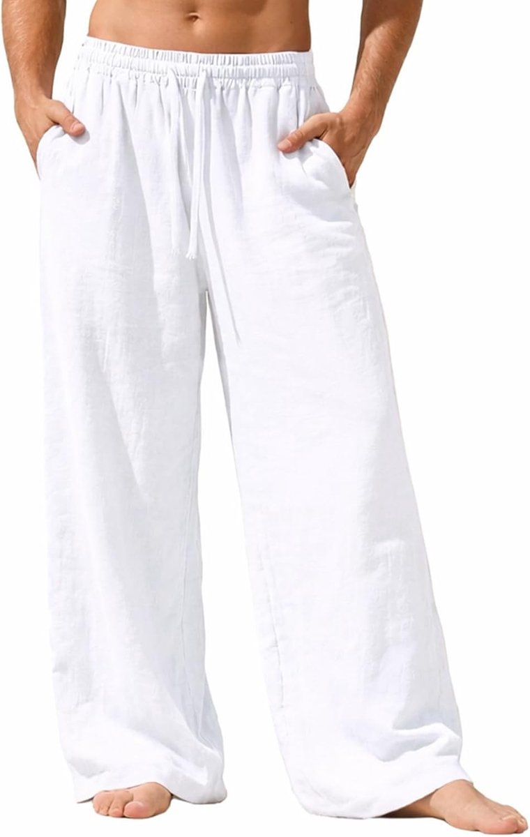 Broek katoen linnen heren zomer breed licht ademend 3 zakken elastische tailleband trekkoord comfortabele brede pijpen yogabroek vakantie casual thuis strand