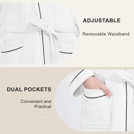 Badjas, katoen, dames en heren, wafelpiqué, ochtendjas, licht, behaaglijk, kimono, huisjas, lang, voor spa, huis en hotel — afbeelding 4