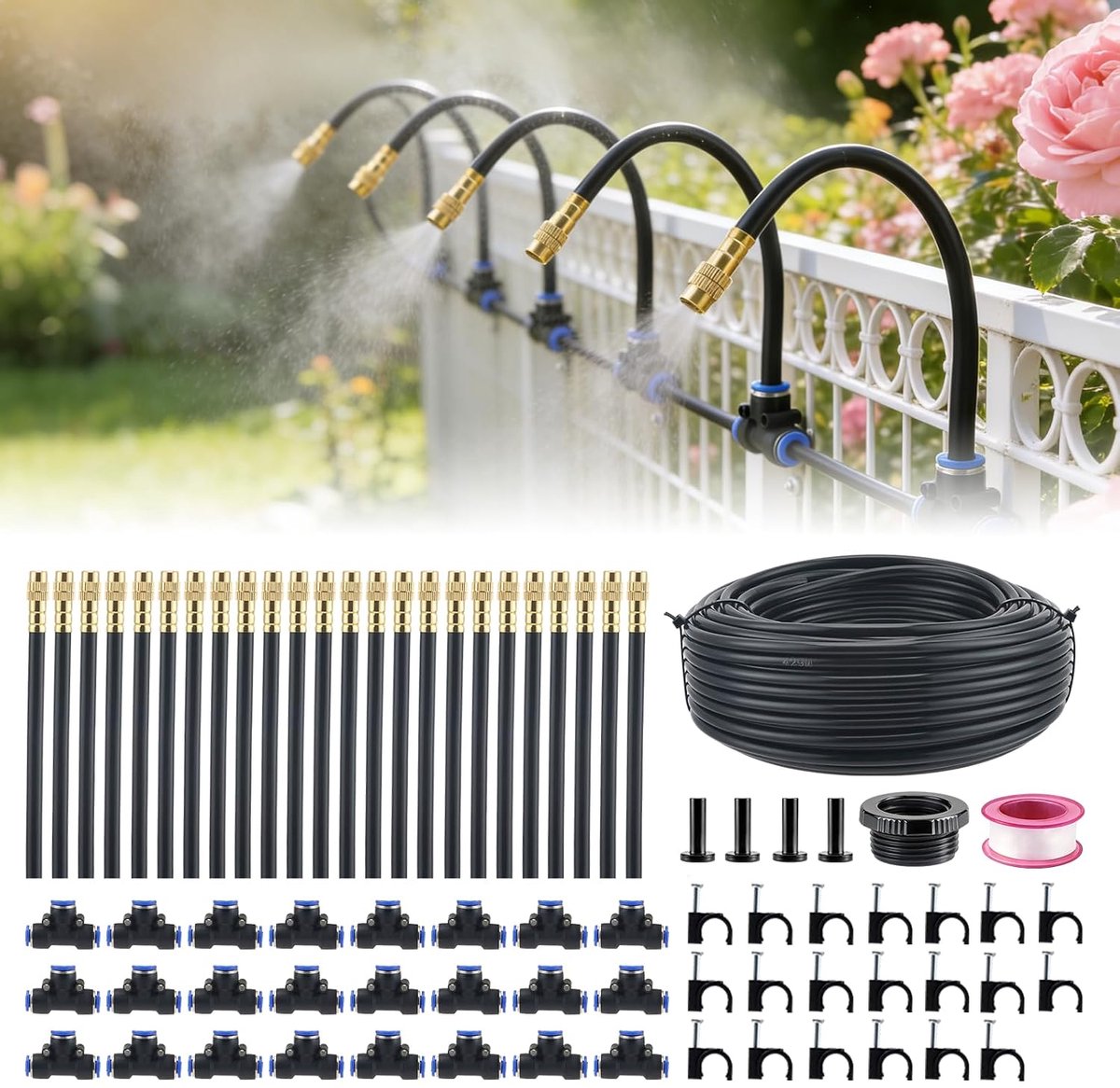 Irrigatiesysteem voor de tuin, 360° rondom irrigatie, 24 verstelbare sproeikoppen, automatische tuinirrigatieset voor plantenirrigatie, tuin en balkonpotplanten buiten (30 m)