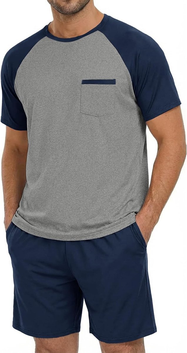 Pyjama heren tweedelige pyjama set korte mouwen T-shirt en effen pyjamabroek mannen katoen ronde hals nachtkleding