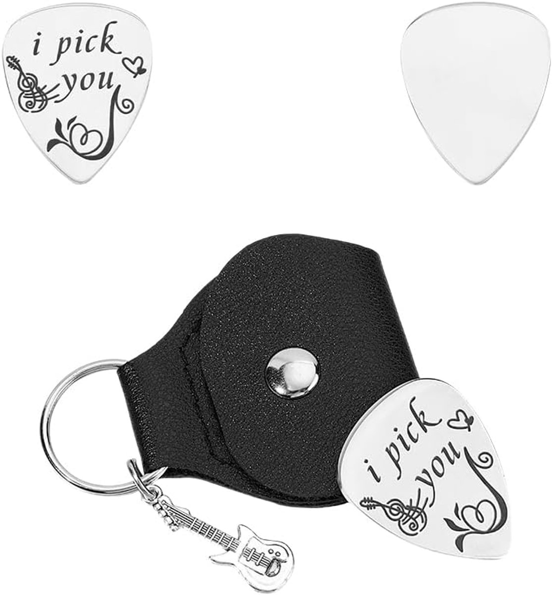 I Pick You Gitaarplectrum, plectrum, gitaaraccessoires met zandbruin PU-leer, 1 stuk roestvrij staal, sleutelhanger, gepersonaliseerde cadeaus voor gitaarspelers, muzikanten