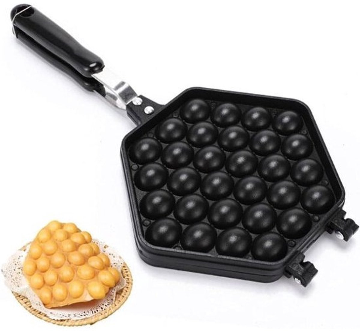 Wafelijzer Pan - Ei Puff Maker - Thuis Keuken Gebruik - Antiaanbaklaag - 40x21cm - Zwart