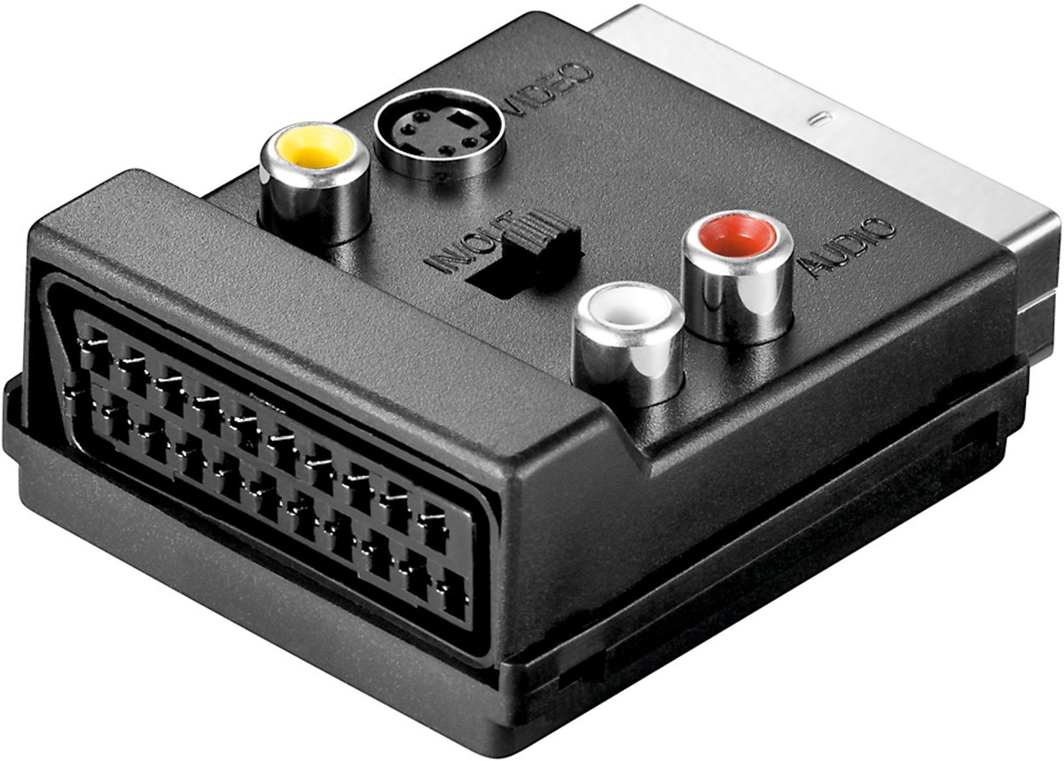 Goobay Scart-adapter met Scart-doorvoersysteem (IN/OUT), scart-stekker (21-pins) > Scartbus (21-pins) + 3 x cinch-bus > Mini-DIN 4-bus (S-video)