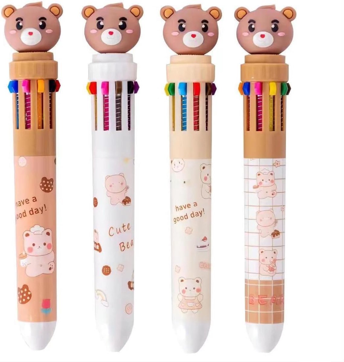 Pennen, meerkleurige balpen, intrekbare balpen, 4 stuks, 10-in-1 rollerball kleur balpen voor kantoor, school, studenten, kinderen, cadeau, schattige karikatuurbeer