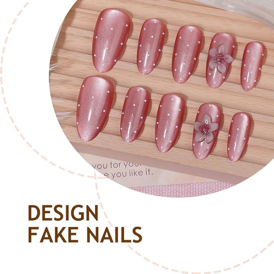 30 stuks amandelvormige press-on nagels, handgemaakte 3D-bloemen, kunstnagels met kattenoogeffect, glanzende gelkunstnagels met kleefpads, set voor dames — afbeelding 4
