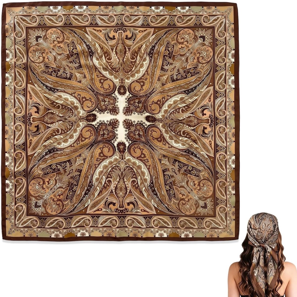 Damessjaal van satijn met zijdeeffect, 70 x 70 cm, bandana voor haar voor dames met geometrische print, elegante multifunctionele sjaal voor hals en hoofd, lichte halsdoek