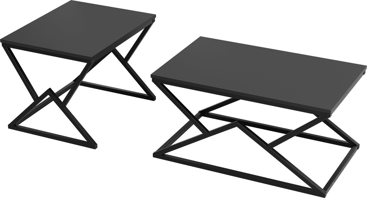 Merax Set Van 2 Zwarte Salontafels - Geometrisch Metalen Onderstel - Industriële Salontafel En Bijzettafel - 80 x 50 x 40 cm En 60 x 48 x 45 cm