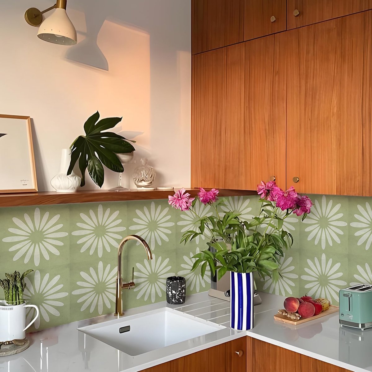 Tegelsticker, Groen Wit Bloemmotief Zelfklevende Plak-op Tegels Transfer Sticker voor Badkamer Keuken, Spatwand, Peel and Stick Vinyl Vloer Wand Tegels Sticker, 10 Stuks X 15cm/6inch