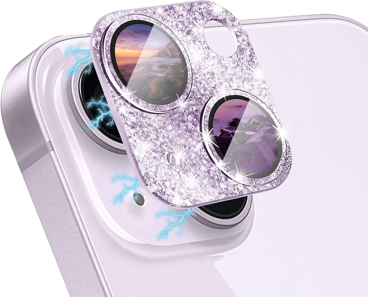 diamant camerabescherming voor iPhone 14/iPhone 14 Plus, dames bling ring camerabescherming aluminium 9H bescherming gehard glas camera voor iPhone 14 Plus paars