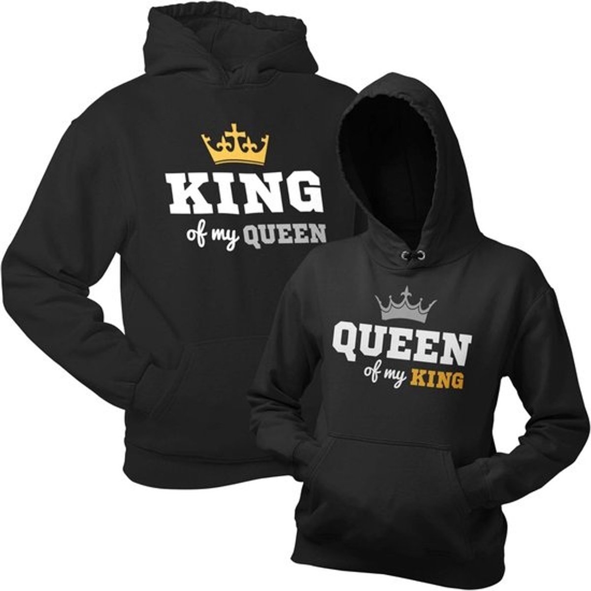 Set van 2 Zwarte Gevoerde Truien met Capuchon voor Partners - King and Queen Print - Cadeau voor Valentijnsdag en Jubileum