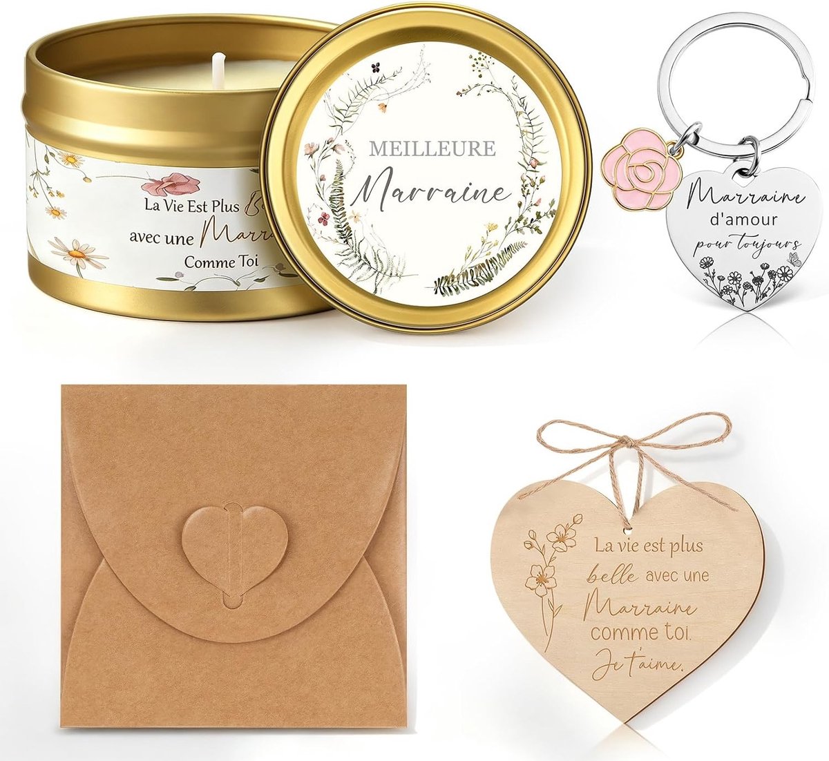 Cadeauset voor Peetmoeders met Geurkaars, Sleutelhanger, Houten Hart en Envelop - Perfect voor Kerst, Doop, Communie of Verjaardag