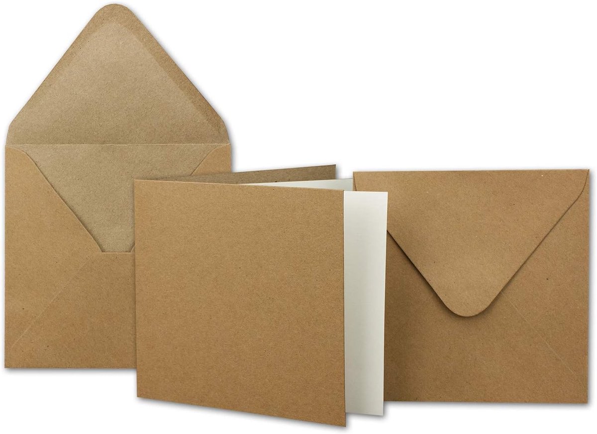 50x Kraftpapier-kaartenset vierkant 13,5 x 13,5 cm met brief-enveloppen & inlegvellen - Recycling vintage kaartenset - voor uitnodigingen