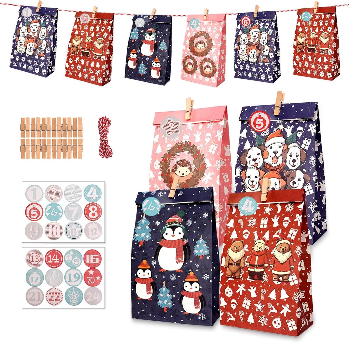 Adventskalender om te vullen, papieren zakjes om zelf te vullen, knutselen, adventszakjes, adventskalenderzakjes zelf maken, kerstkaarten, 24 stuks