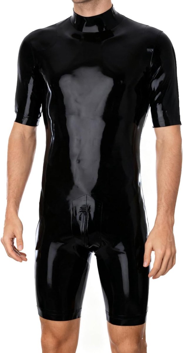 Latex Catsuit voor Heren,Korte Mouwen Rubber Bodysuit met Ritssluiting in de Lieg en Achteraan
