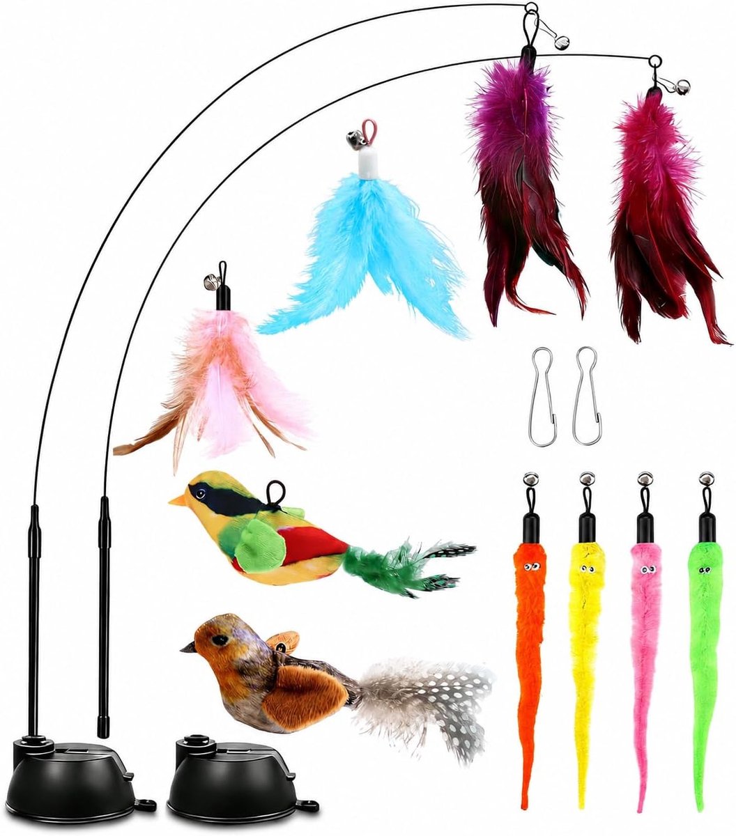 14 stuks kattenhengels met 2 zuignappen, kattenspeelgoed, zelfbezigheid met vogel, interactief kattenspeelgoed met veren, worm, kattenhengel, vervangende veren met klokken