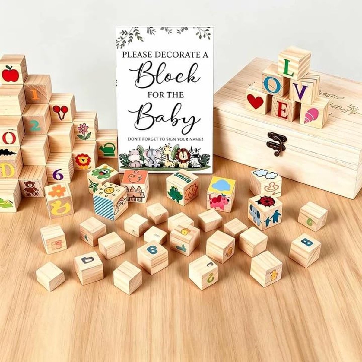 128-delige babyfeestspelset, bouwblokken beschilderen, babyfeestdecoratie met 48 dobbelstenen, 24 stiften, 54 sjablonen en houten doos voor genderreveal, babyshower, jongens en meisjes