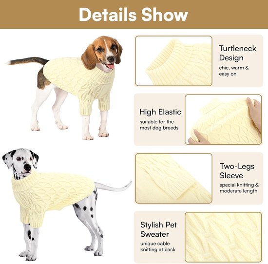 Teckeltrui, rekbare warme kabel gebreide hondentrui voor middelgrote rassen Jack Russell, teckel (worsthond), windhond, beige, M — afbeelding 4