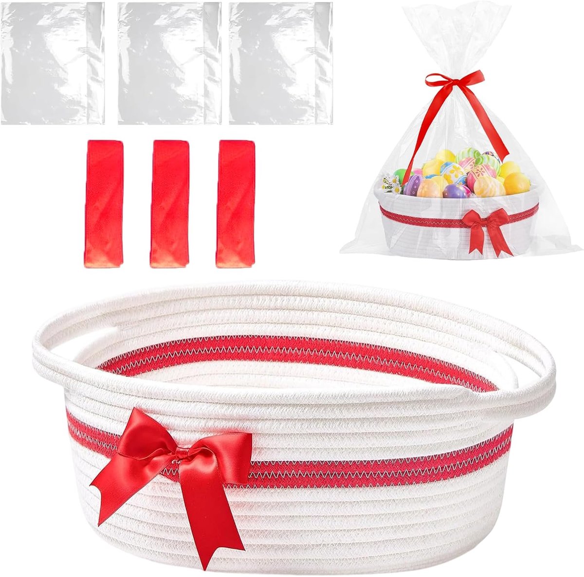 presentatiemand, leeg, ovale gevlochten opbergmand met geschenkzakje en linten, opbergmanden voor snacks, speelgoed, geschenken, verjaardag, Thanksgiving, Kerstmis (rood-wit)