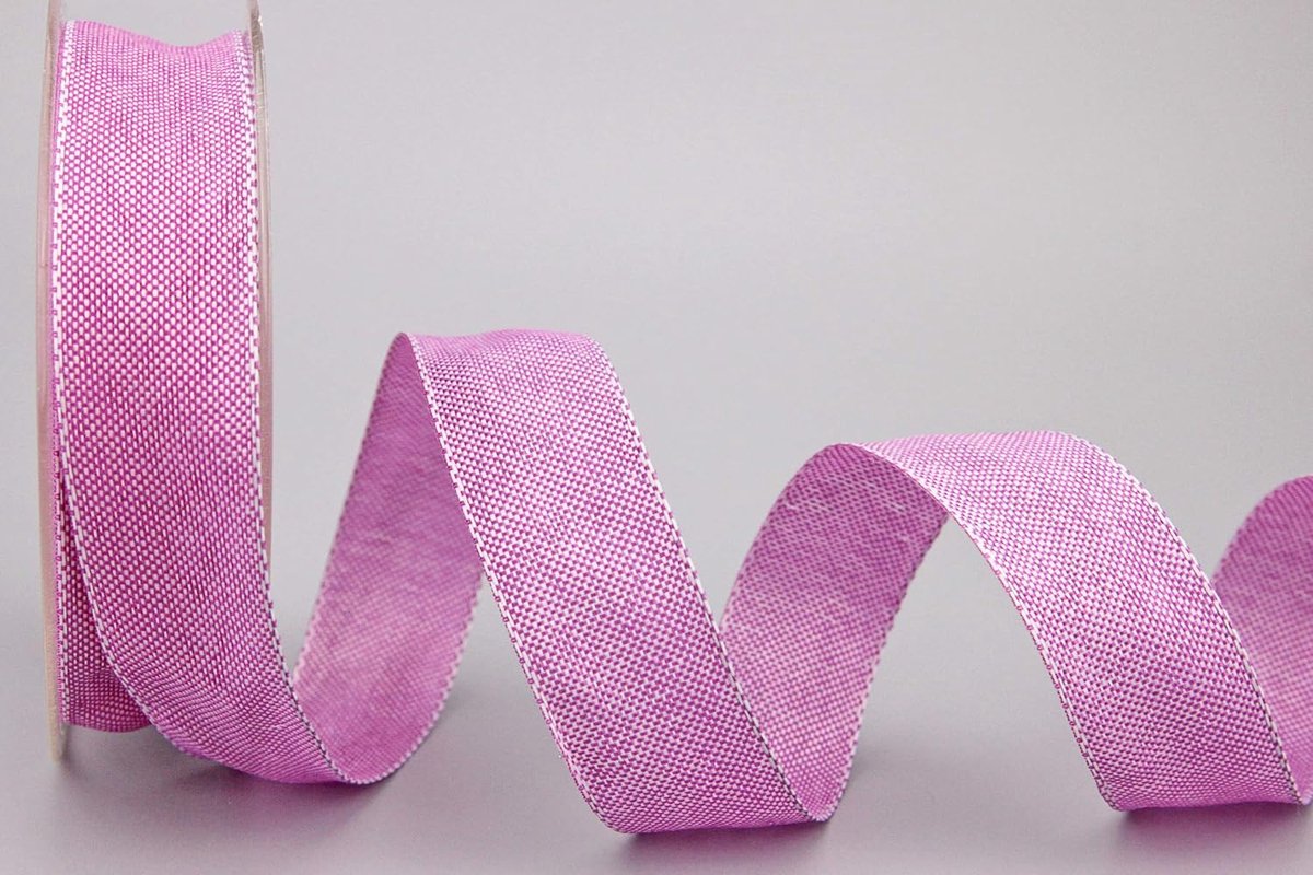 Oliver PINK (116) 20 m x 25 mm (rol) stoffen lint met draadranden licht glanzend linnen look taftlint grof geweven Kerstmis advent