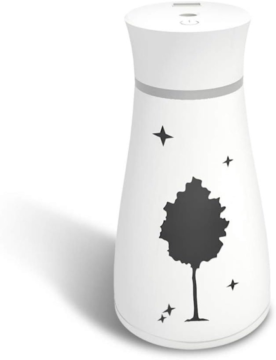 Luchtbevochtiger met koele nevel, draagbare kleine USB-luchtbevochtiger, automatische uitschakeling zonder water, mute-schakeling met led-nachtlampje, aromadiffuser. Witte boom