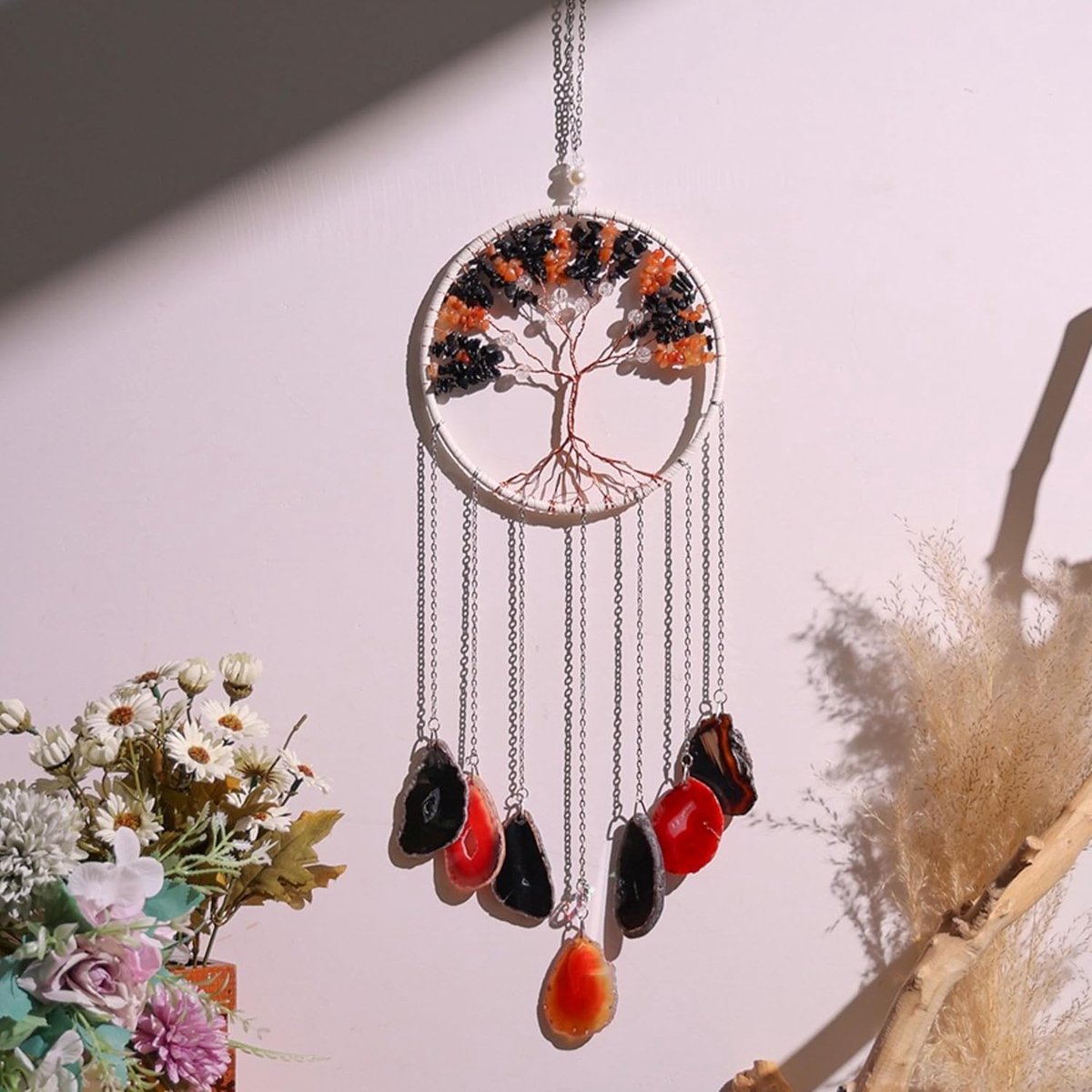 Crystals Levensboom dromenvanger, natuurlijke edelsteen, agaat, wanddecoratie voor ramen, tuin, huisdecoratie (oranje en zwart)