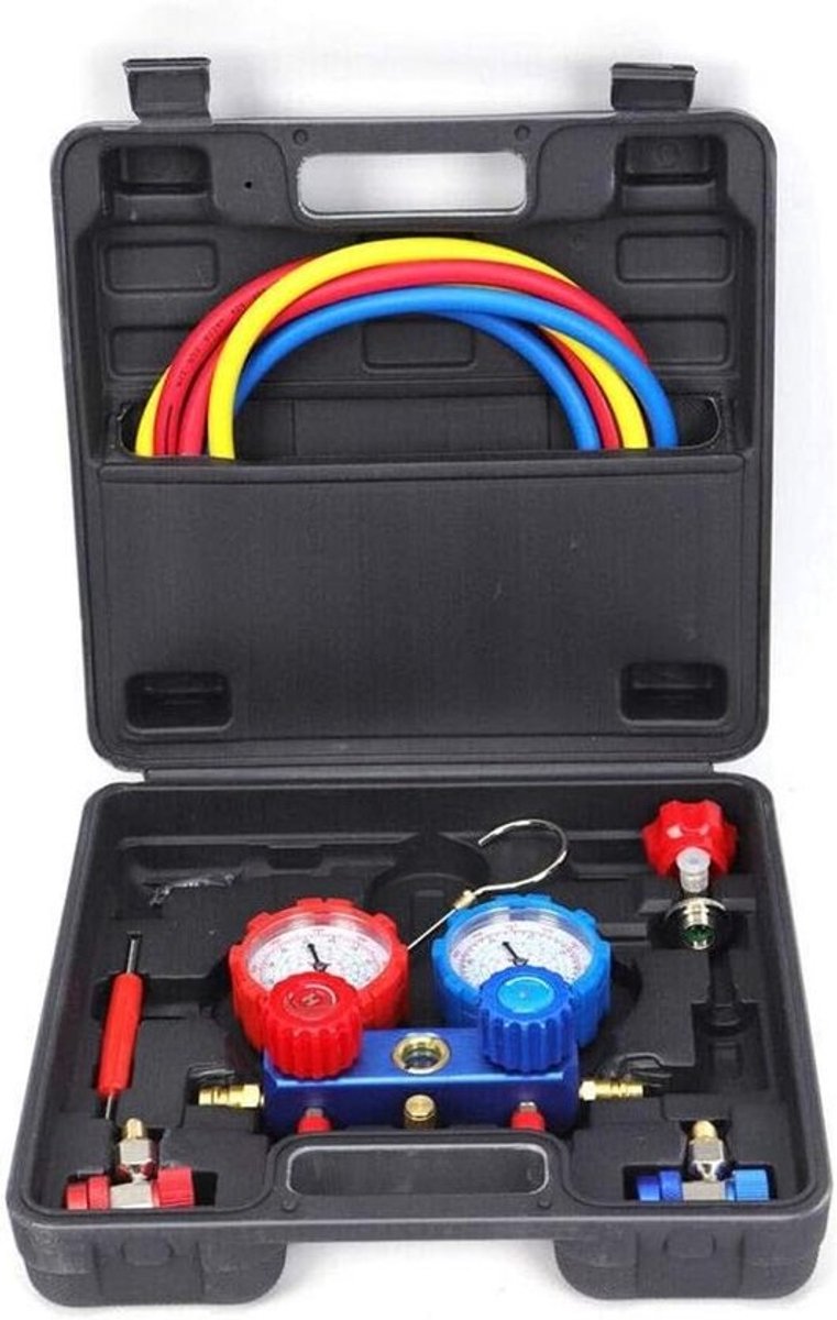 Manifold Gauge Set - Airco Meetinstrument - Airco Onderhoud - 2-Weg Systeem - 150 cm Slangen - Rood Blauw Geel