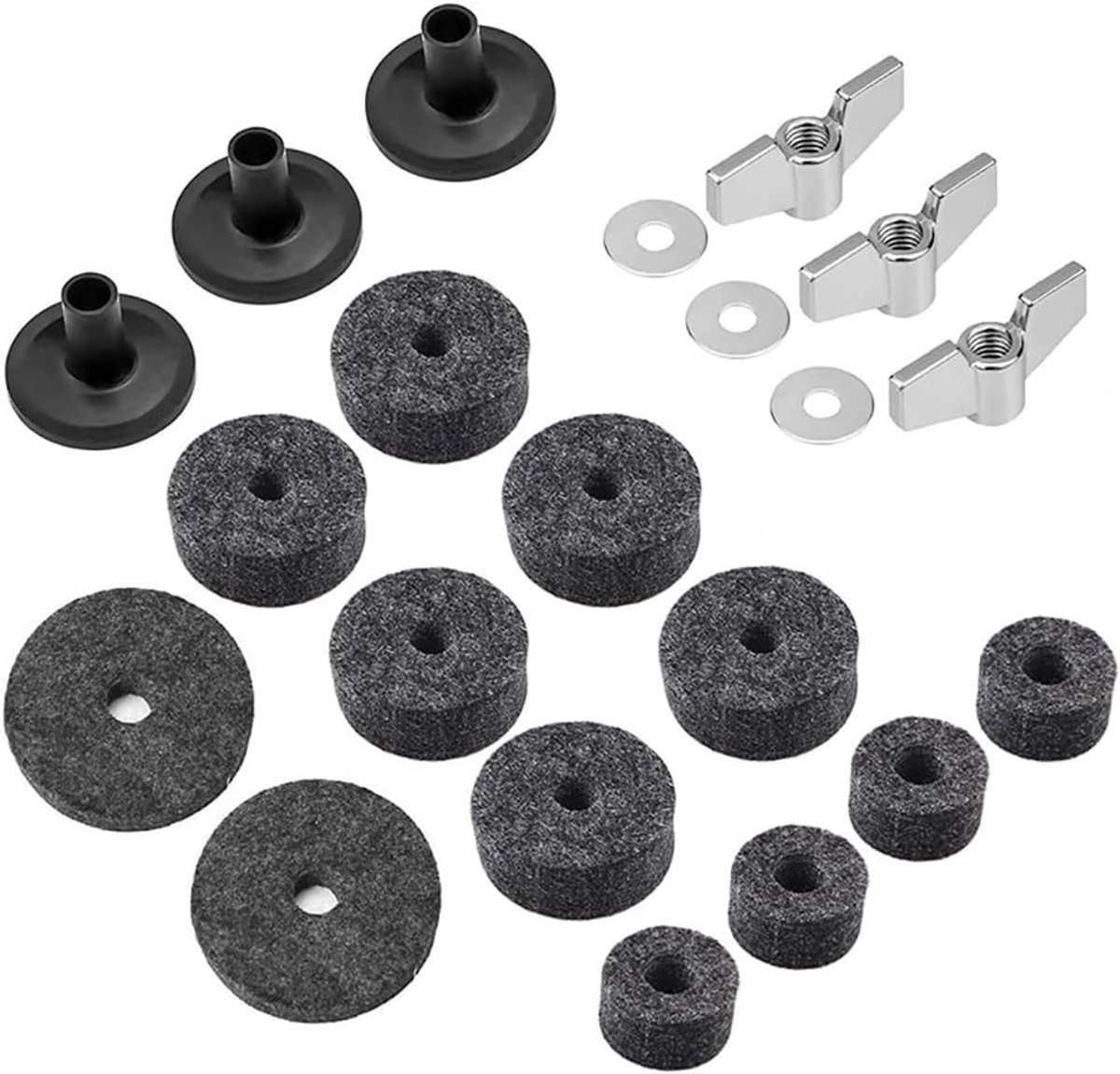 Dailygoods- Cymbal Vervangende Accessoires 21-delig - Hoogwaardig Glasvezelvilt - Vleugelbouten/Ringen - Bekkensmoezen - Standaard Formaat - Lange Lev