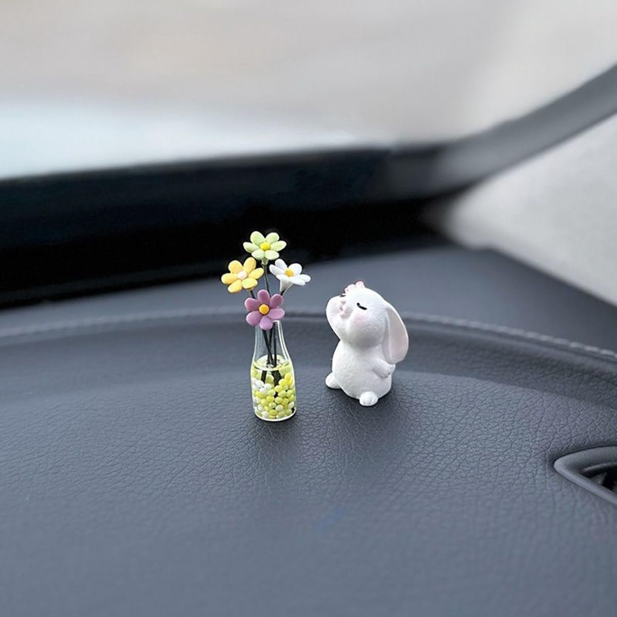 2 stuks bloemen auto dashboard decoratie, dashboard decoratie mini hazen en madeliefjes, auto-accessoires interieur vrouwen decoratie, autodecoratie interieur Kawaii voor