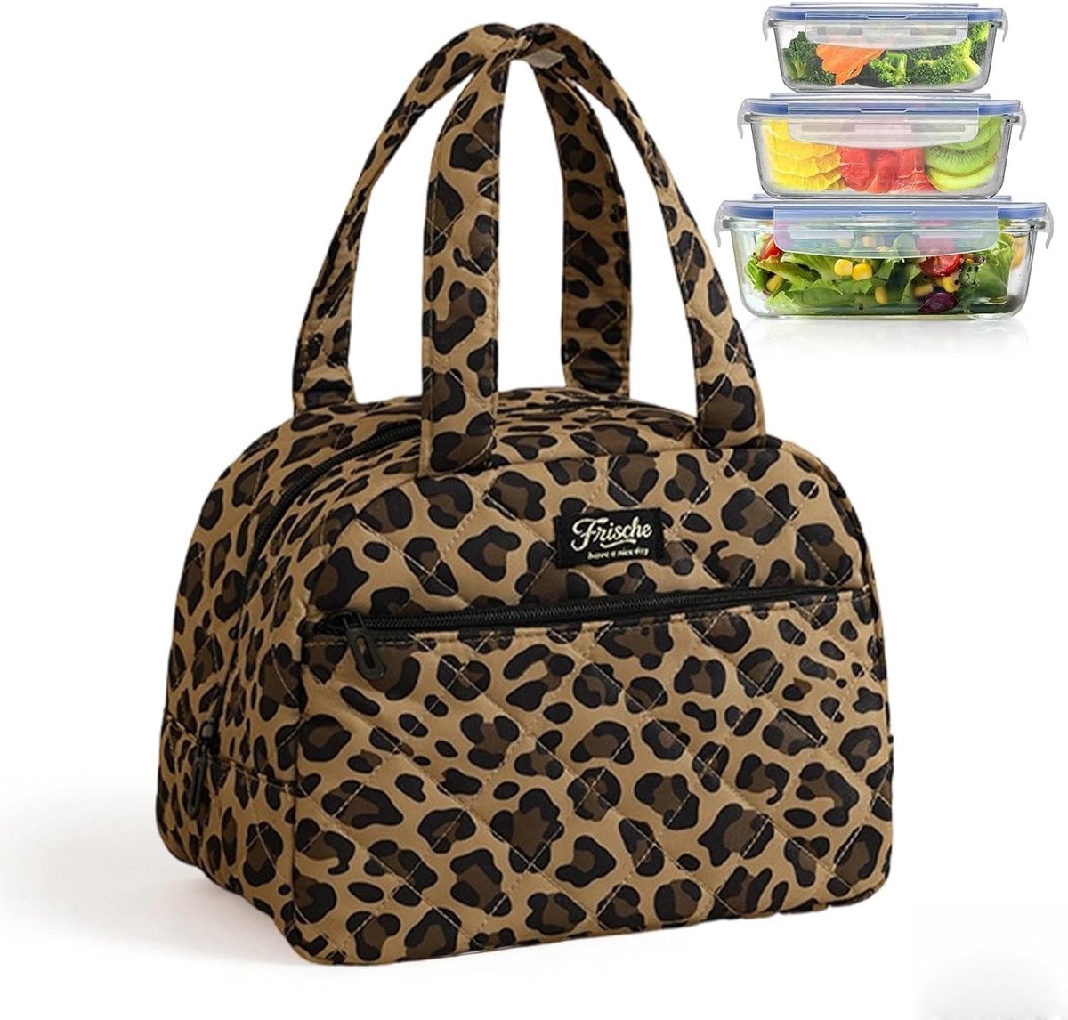 Karamelkleurige luipaardprint lunchtas voor dames - Ruime koeltas voor onderweg, picknick en werk
