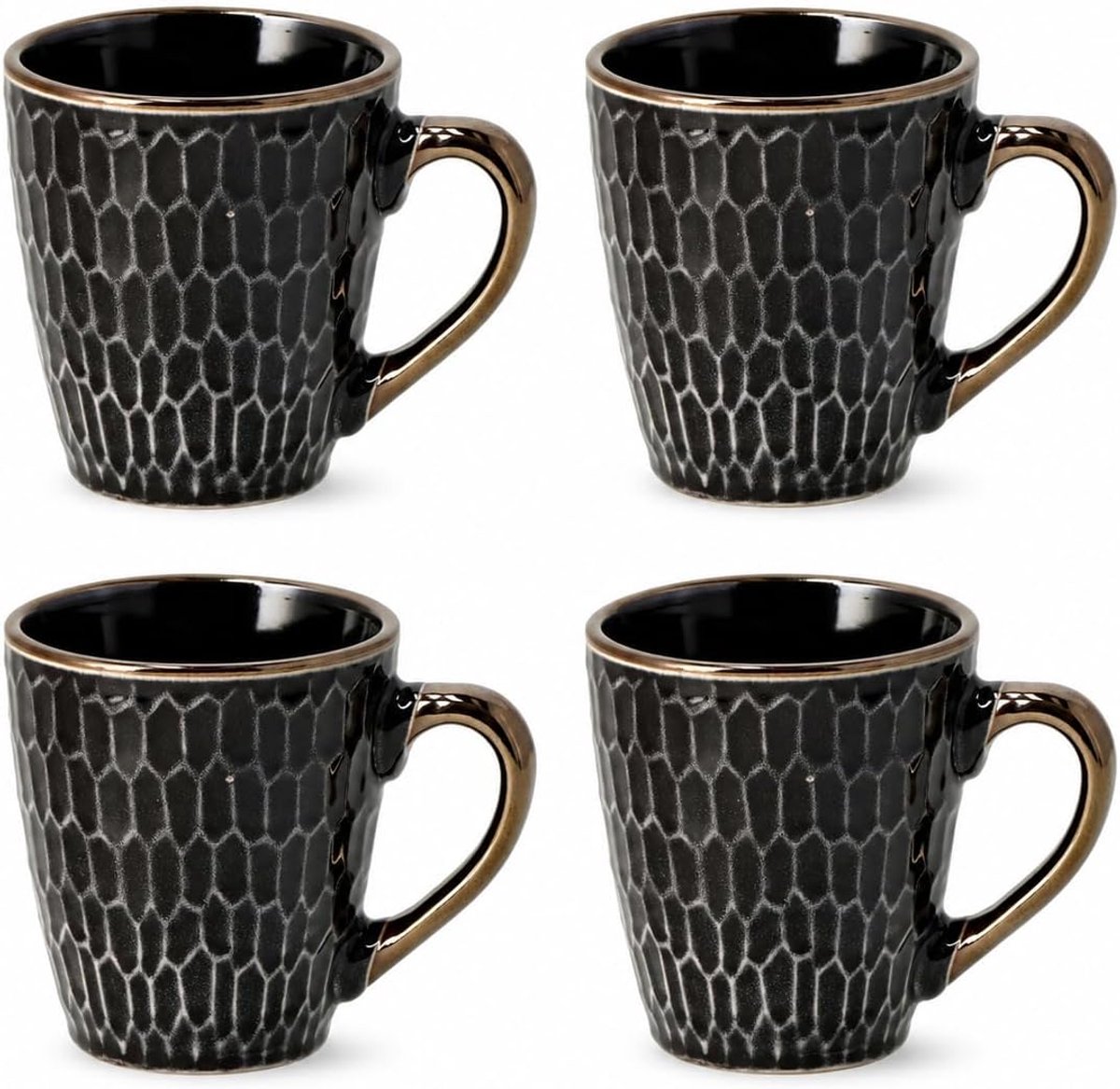 Set van 4 – Keramische Mokken met Oor – 200 ml – Zwart Goud – Kopjes voor Koffie, Cappuccino, Espresso en Thee