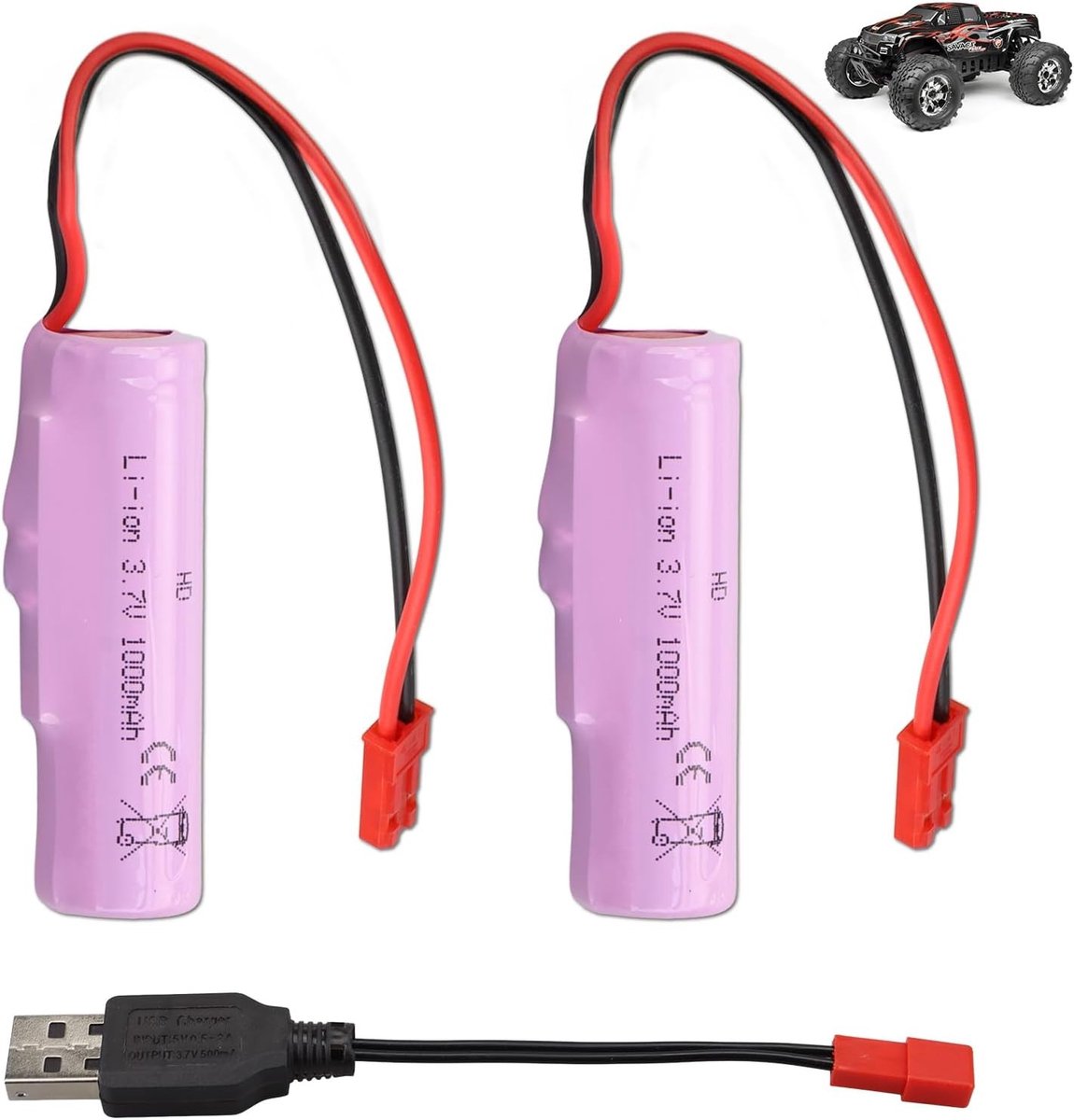 Oplaadbare Li-ion RC Batterij 3.7 V 1000 mAh met USB Oplaadkabel voor Bouwvoertuigen en Drones, JST-2P Plug, Geschikt voor Diverse Modellen
