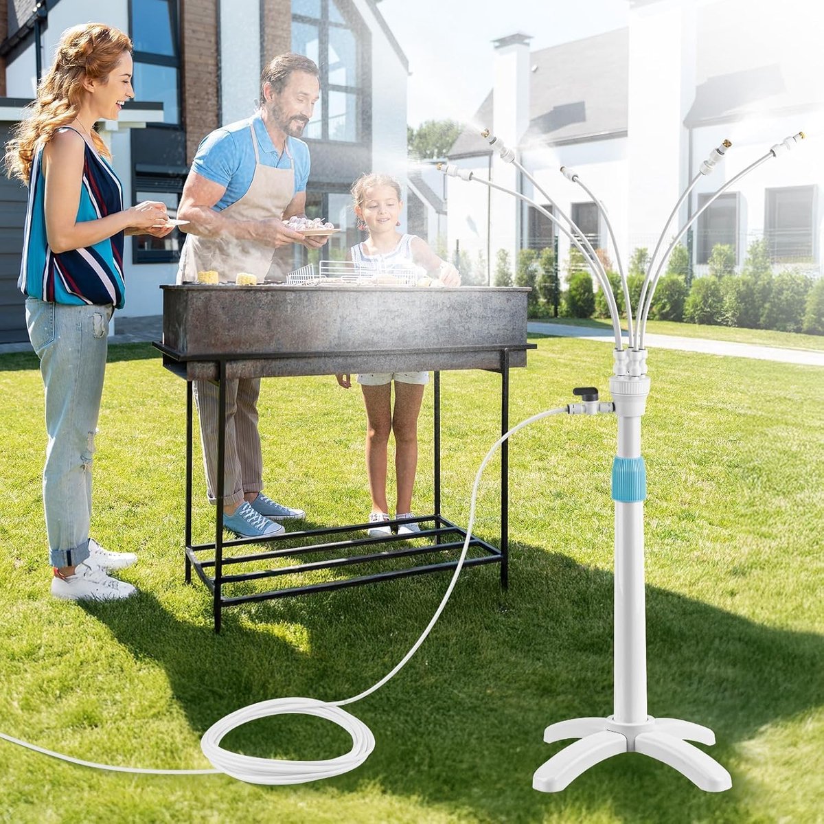 Staande nevelsysteem voor terras en tuin, in hoogte verstelbare outdoor sproeinevelkoeler met 5 sproeiers, nevelkoelsysteem met ventiel en standaard, tuinneveldouche voor terras, balkon
