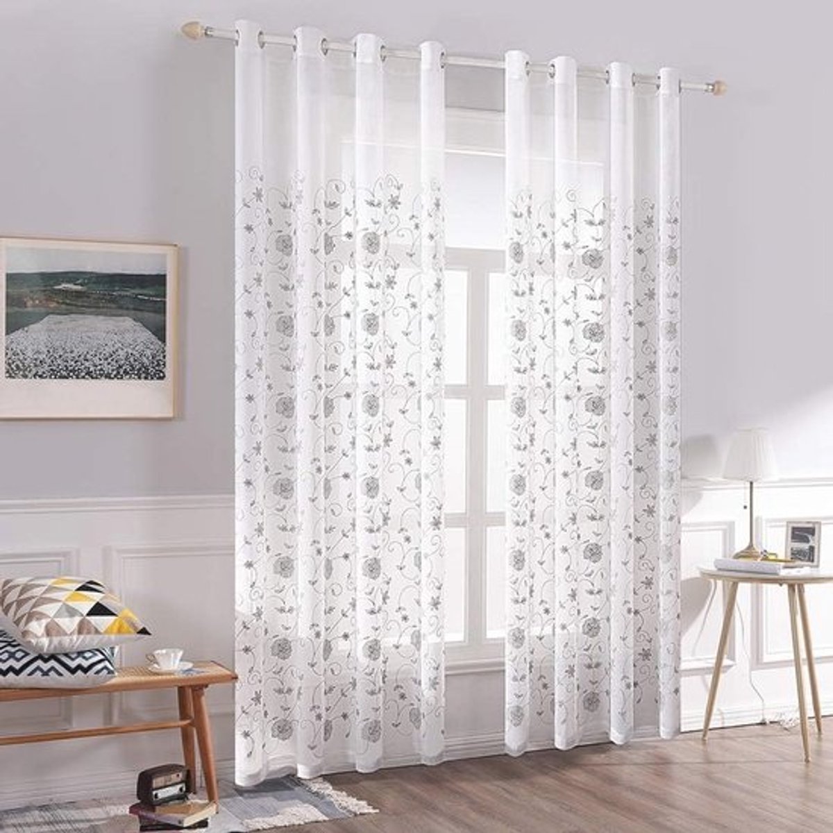 Gordijnen met Geborduurde Bloemen Patroon - Transparante Voile Gordijnen voor Woonkamer en Slaapkamer - Set van 2 - H 225 x B 140 cm