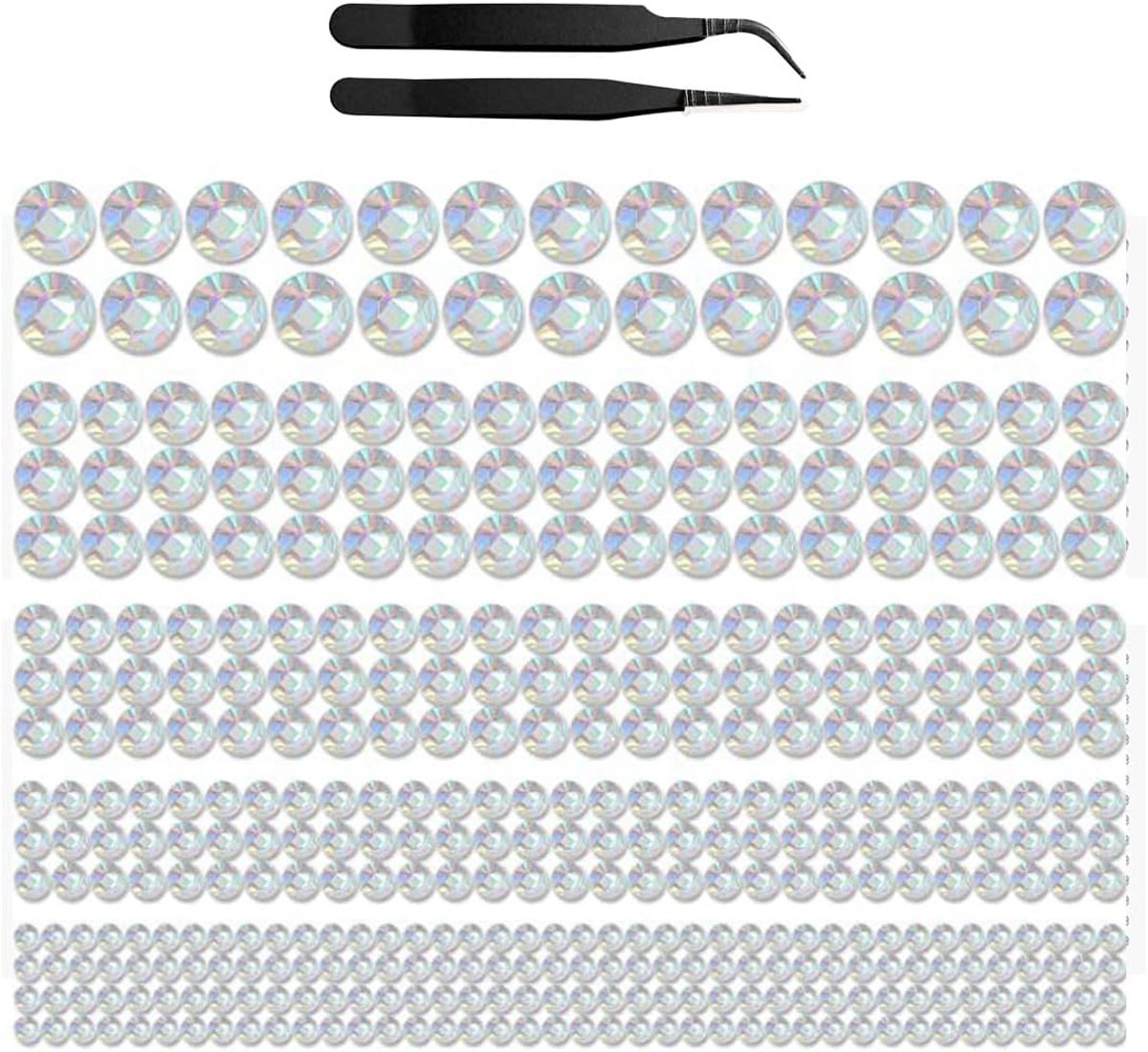 Strassteentjes, afmetingen gemengde strasstickers, 3-6 mm, glitterstenen, zelfklevend, glittersteentjes, ronde bling-diamant, glitterstenen met pincet voor doe-het-zelf
