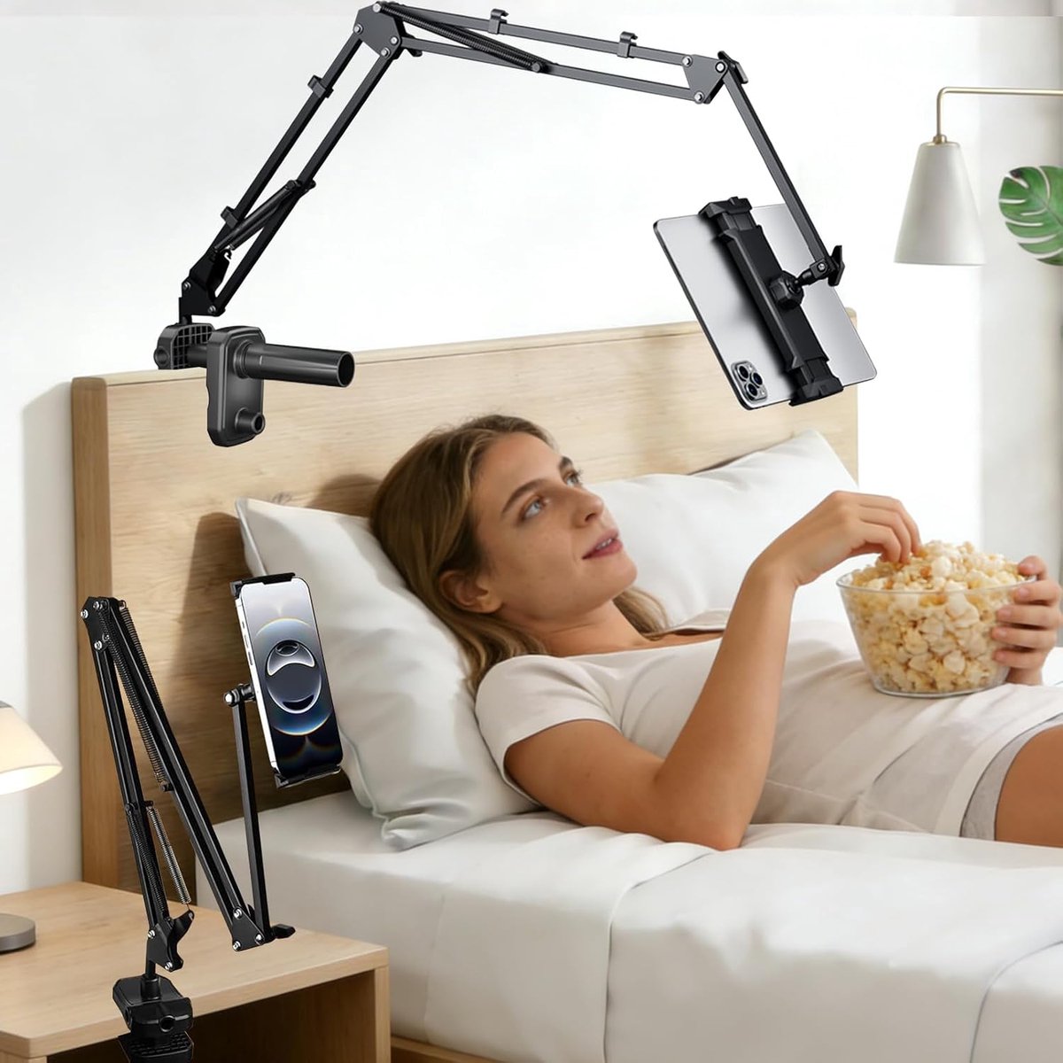 Tablethouder voor bed, 360 graden draaibare sokkel, stabiele aluminium arm met veertechniek voor iPad, tablets, telefoons, apparaten van 5,7-9,45 inch