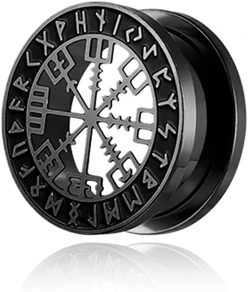 316L roestvrij staal flesh oor tunnel plug piercing vegvizier Aegishjalmur Aegishjalmr Vikingsymbool schrikhelm runen cirkel zwart zilver biker heren