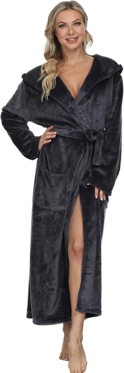 Home fleece badjas voor dames, lange mouwen, ochtendjas, saunamantel met capuchon en zakken