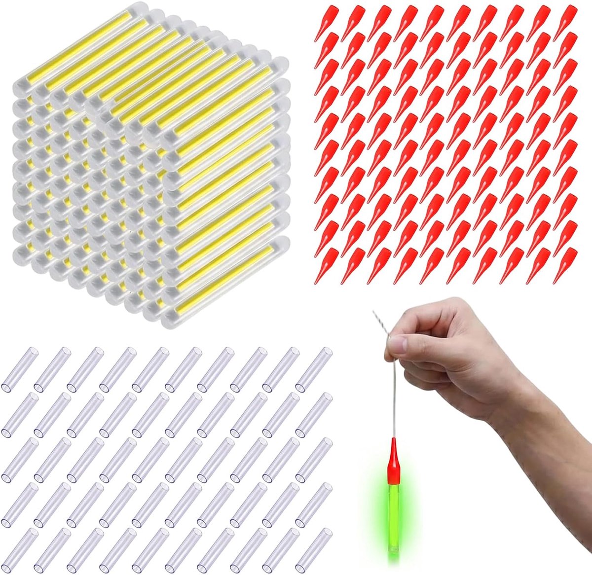 200 stuks lichtstaven voor nachtvissen, 4,5 mm, fluorescerende chemicaliën met hoge zichtbaarheid, inclusief 50 rode stoppen en 50 transparante buizen voor bijtsignalen