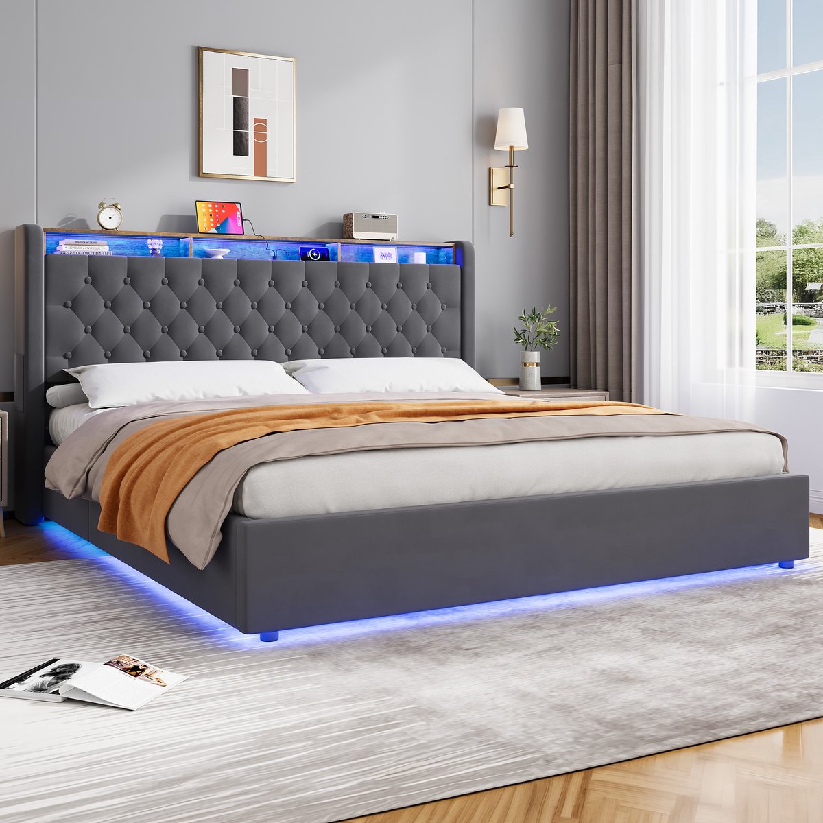 WUVRIE Gestoffeerd opbergbed 180x200 cm met opklapbaar hoofdbord en opbergruimte, donkergrijs