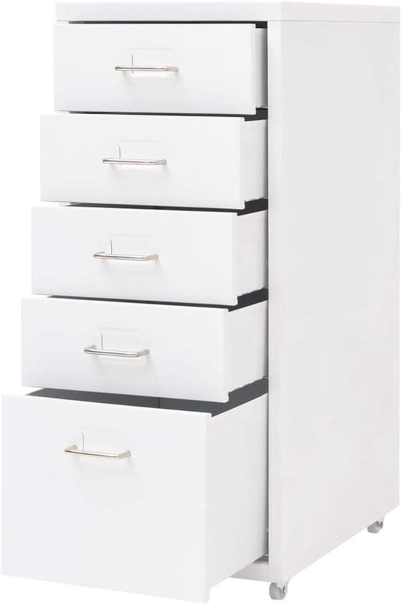 Dossierkast met wieltjes - Rolcontainer kantoor - Documenten opbergen - Vijf laden - 28x41x69 cm - Wit