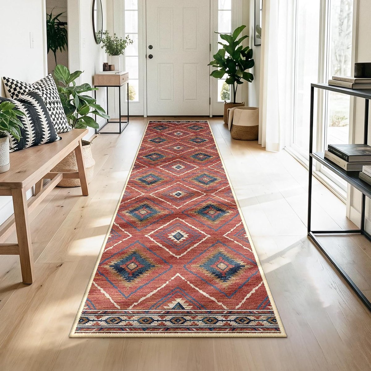 Tapijtloper, voor de gang, 80 x 240 cm, antislip, keukenloper, laagpolig, wasbaar, opvouwbaar, boho-design, voor hal, keuken, woonkamer en kantoor, rood