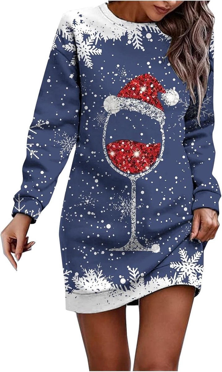 Casual jurk met lange mouwen en opdruk, herfst, winter, vakantie, party, ronde hals, tuniek, sweatshirt-stijl, trui, dagelijkse kleding