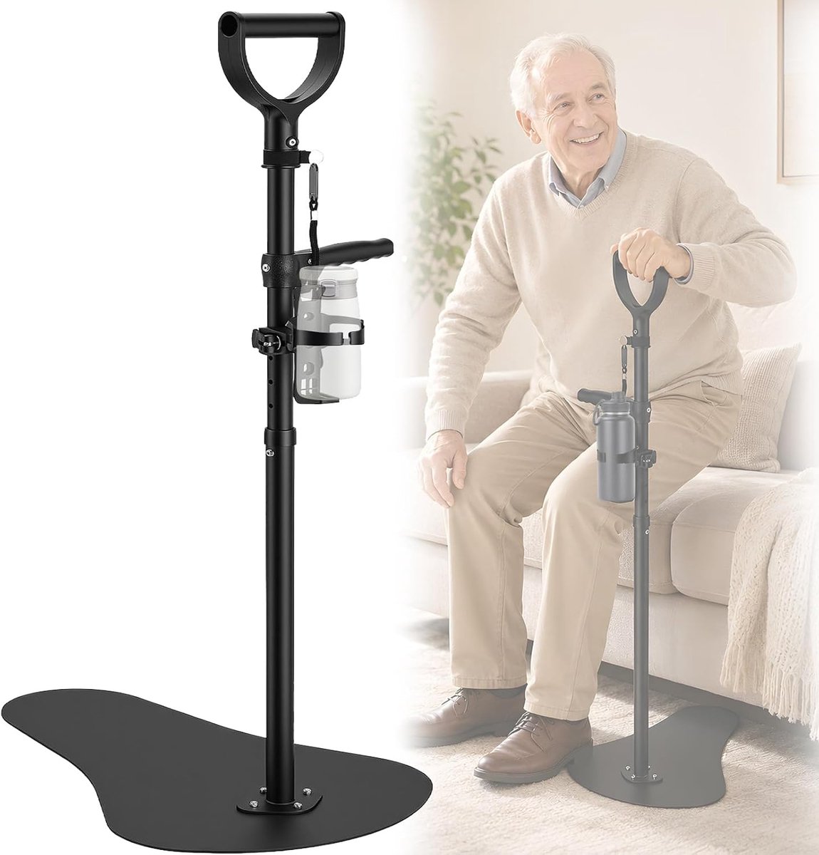 Verticale hulp voor bank met veiligheidsladder en steunstang (83-100 cm) met bekerhouder voor senioren, in hoogte verstelbaar, voor banken en fauteuils