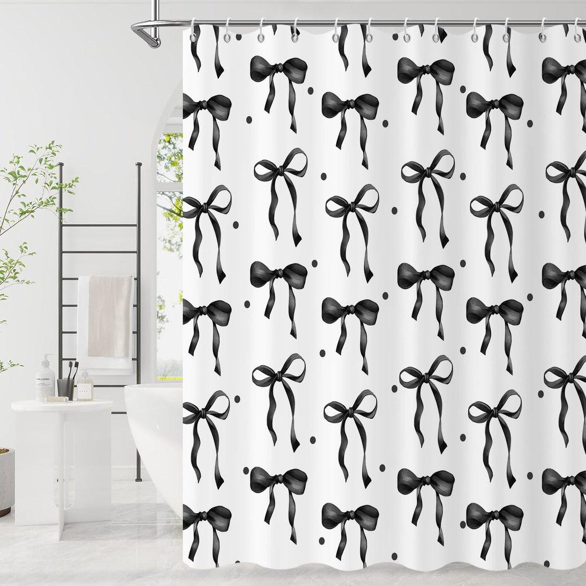 Douchegordijn, 180 x 200 cm, zwart, schattige esthetische strikken, waterdichte stof, machinewasbaar, badkamergordijn met haken