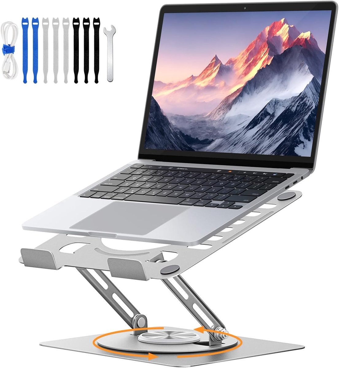 Laptopstandaard voor bureau, laptopverhoger met 360° draaibare basis, geventileerde laptophouder van koolstofstaal, hoogte-en hoekverstelbaar, compatibel met MacBook Pro/Air, 11–16"(Zilver)