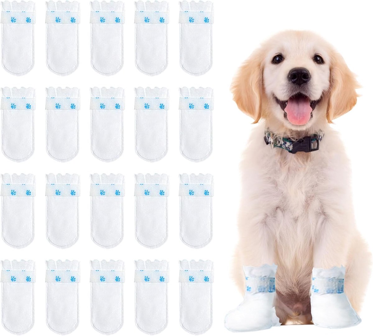 hondenlaarzen voor pootbescherming, 20 stuks, huisdierschoenen met verstelbare, zelfklevende bandage, wegwerpvoetafdekkingen voor buiten en binnen (wit, groot)