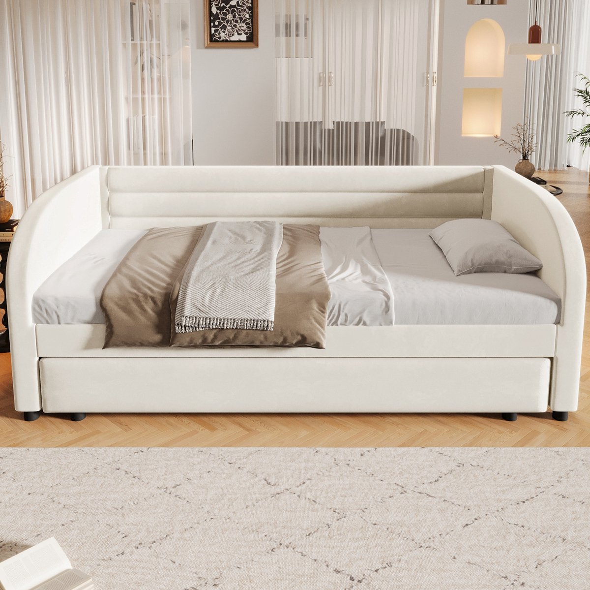 COVREO Bed met uitschuifbed – 90x200 cm – Platformbed met LED-verlichting – Kinder- of logeerkamer – Beige - zonder matras
