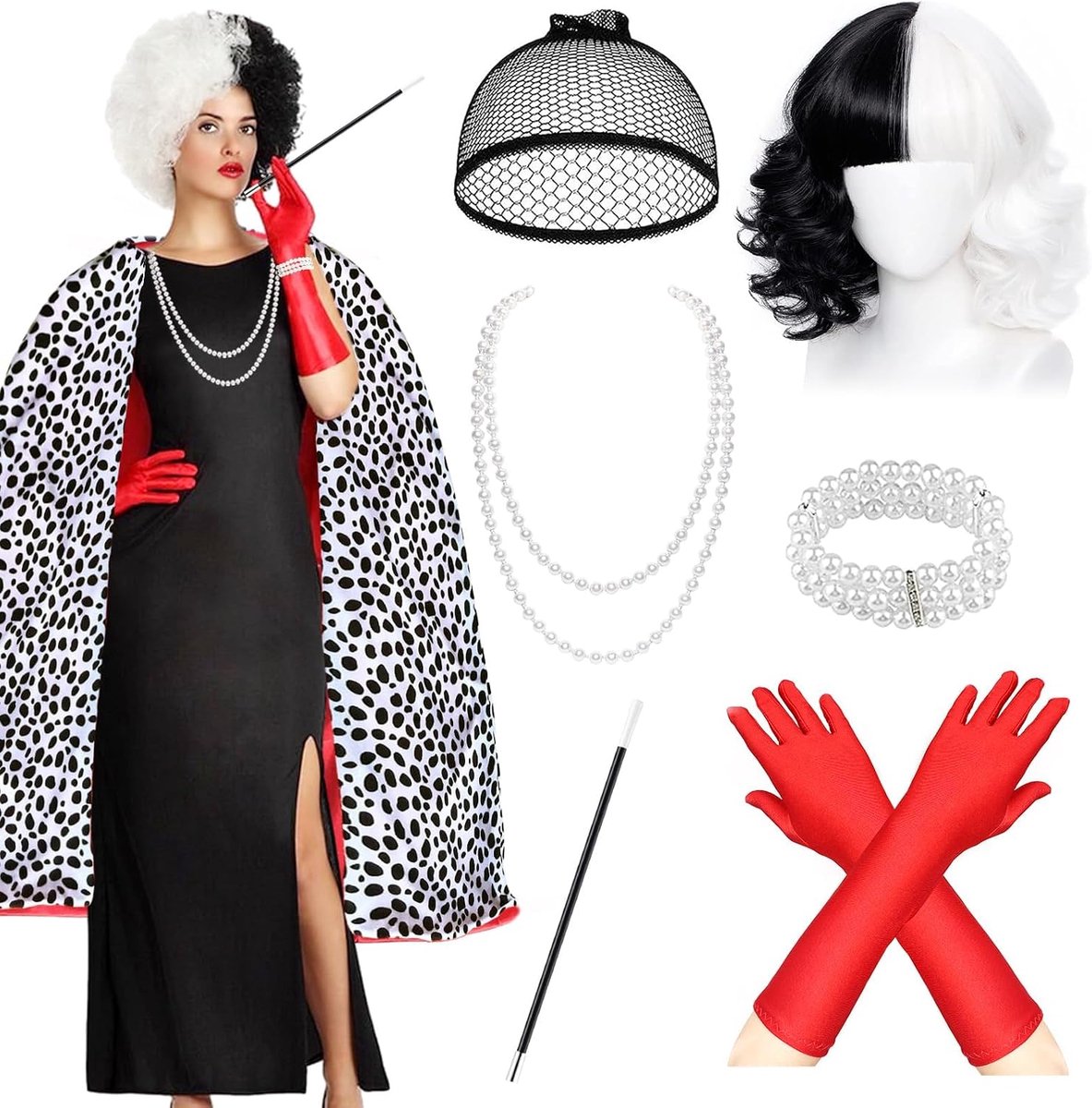 7-delige Cruella-kostuumset met accessoires, inclusief jas, handschoenen en pruik, voor de werelddag van het boek
